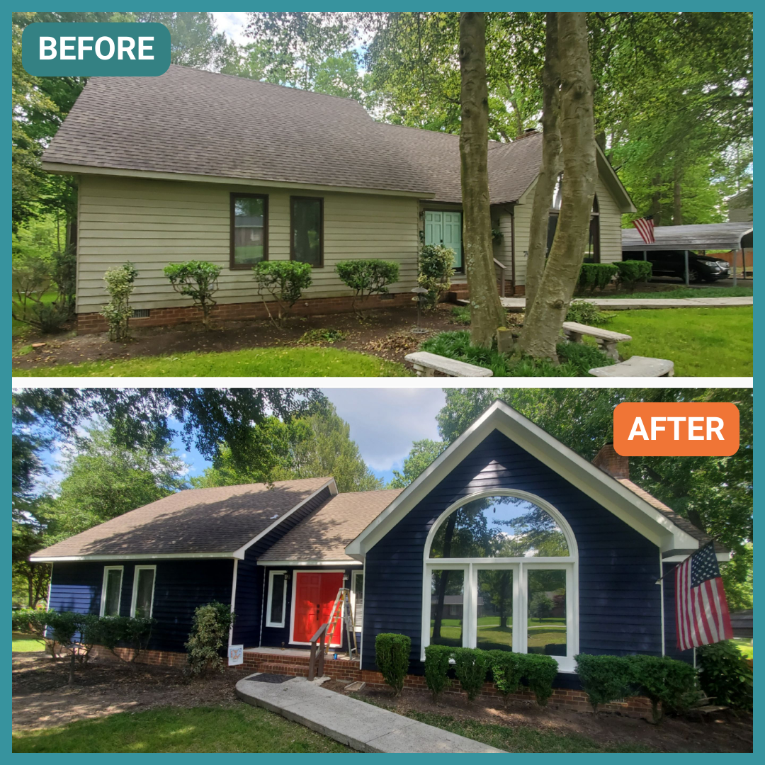 Newly painted exterior of home, before and after, in Richmond, VA